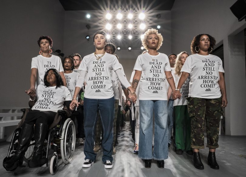 “72 DEAD AND STILL NO ARRESTS. HOW COME?”: GRENFELL ACTIVISTS TURN HEADS AT LFW
