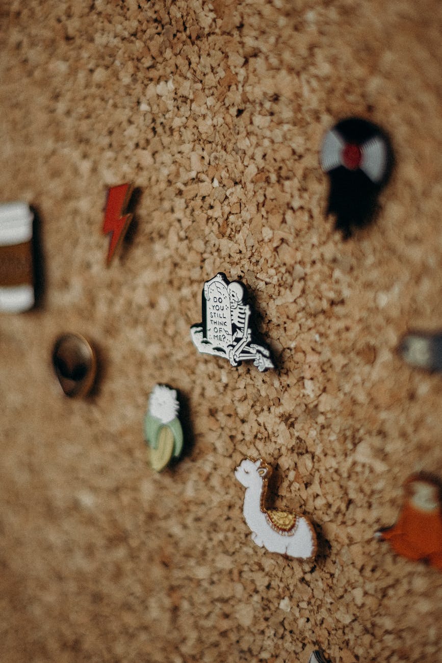 pins on corkboard in tilt shift lens